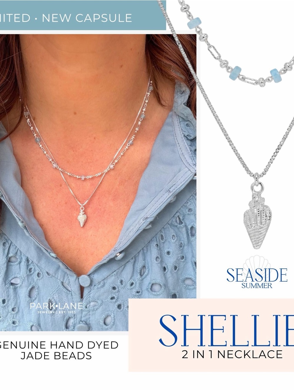 Park Lane Silver Layered Necklace with Light Blue Beads and Shell Pendant
